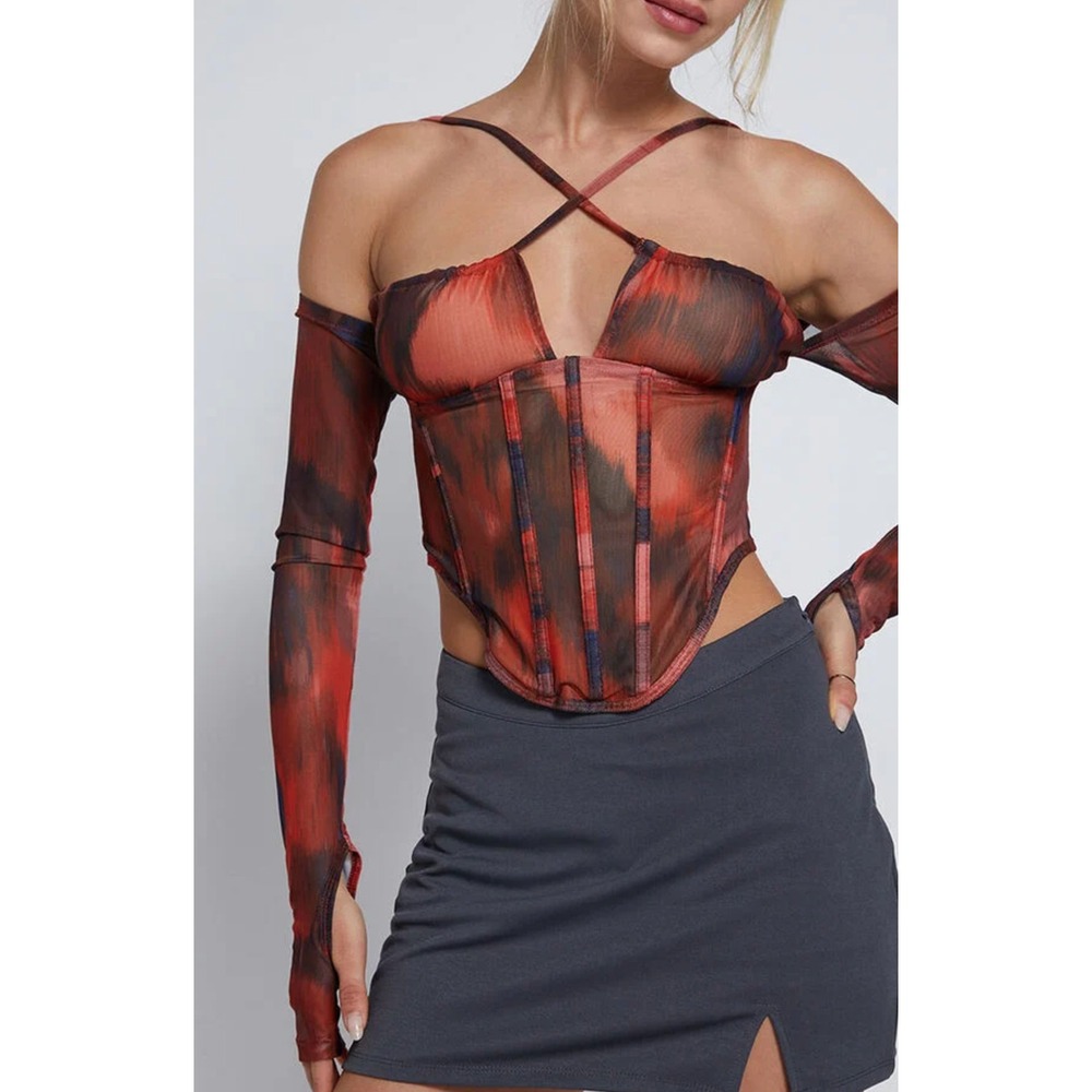 JGR & STN Gabriella Long Sleeve Corset Top Strappy Red Black Womens Size 4